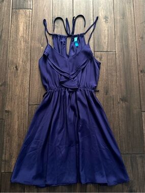 Buttons Deep Blue Strappy Sleeve Ruffle Dress